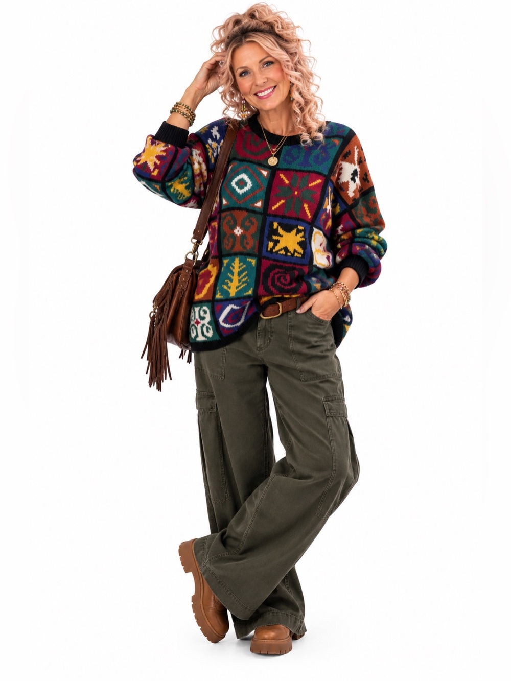Vintage 90s Brontë Bold Knit Sweater M Oversized Patchwork Ramie Cotton